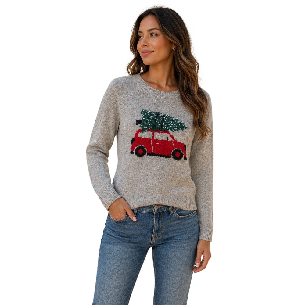 Cupcakes and Cashmere Womens Christmas Tree Red Car Sweater Oatmeal Beige Medium